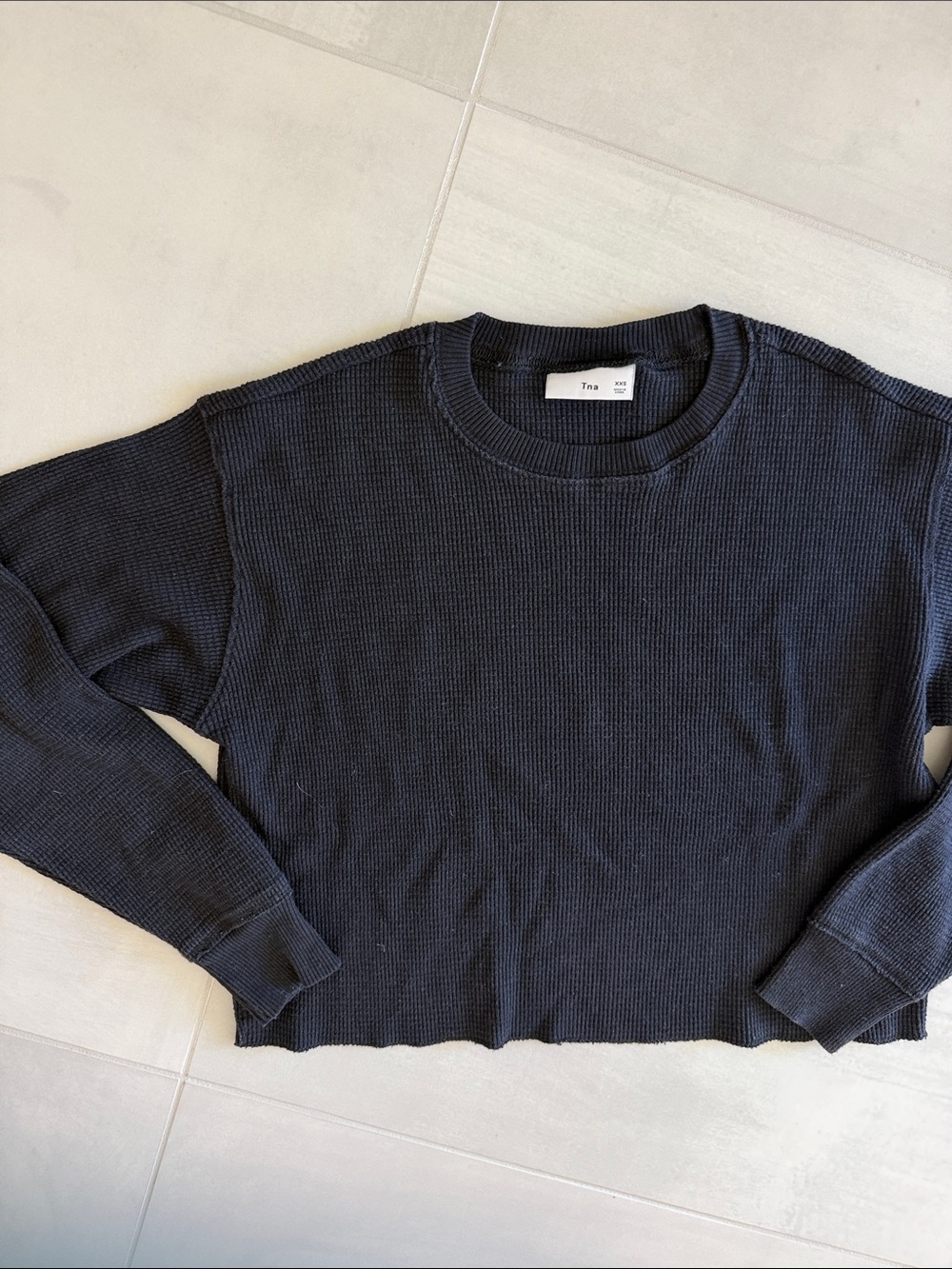 TNA Black Waffle-Knit Cropped Crewneck